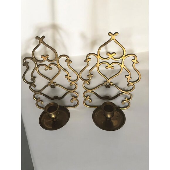 Pair Of Vintage Brass Wall-Mounted Candle Holders With Ornate Heart Designs - Picture 4 of 6